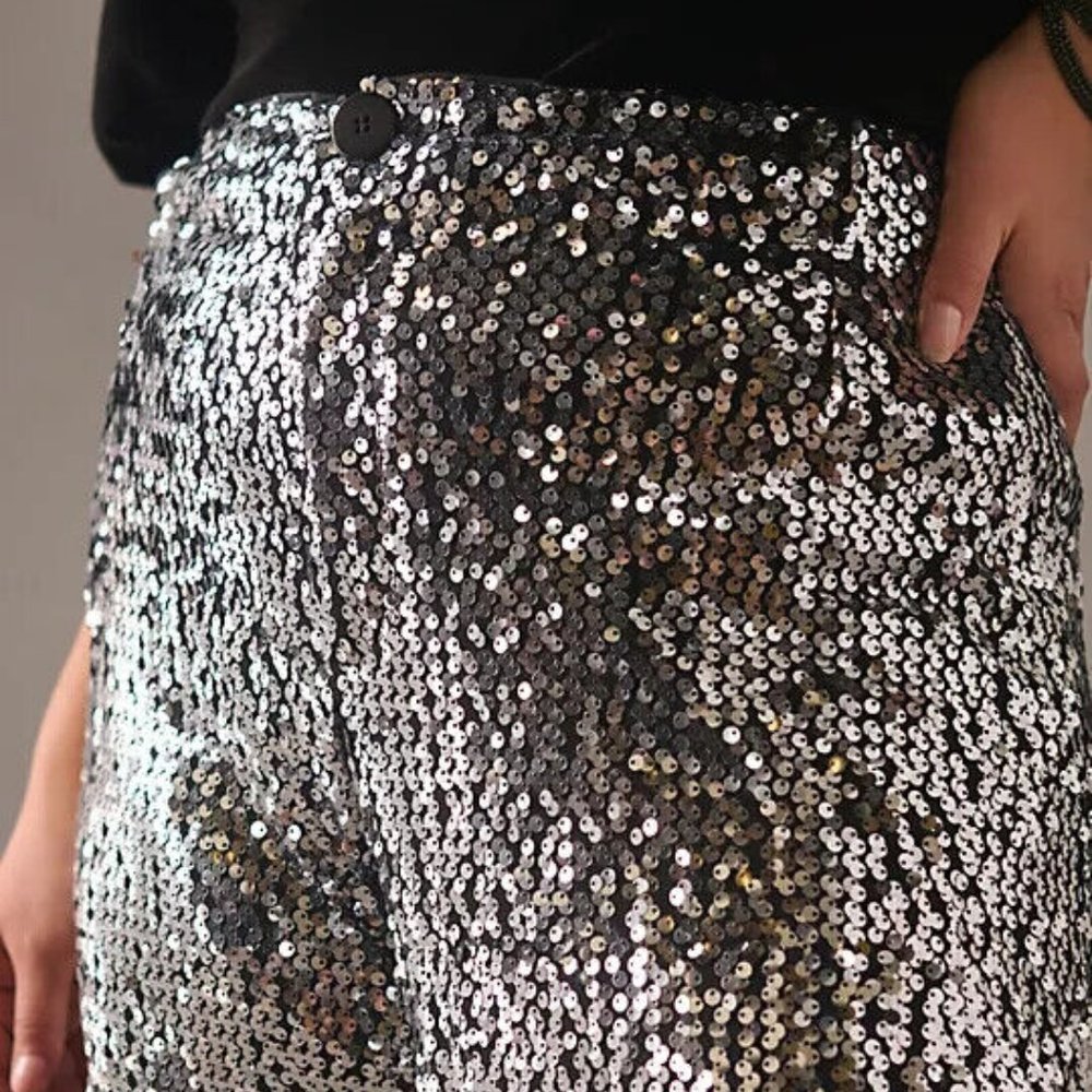 Anthropologie Silver Sequin Wide-Leg Pants - Picture 4 of 9